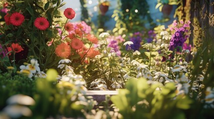 lush garden, vibrant flowers, whimsical floral arrangement, enchanting outdoor scene, vibrant colors, dreamy bokeh, natural light, soft focus, serene atmosphere, summer landscape, botanical beauty
