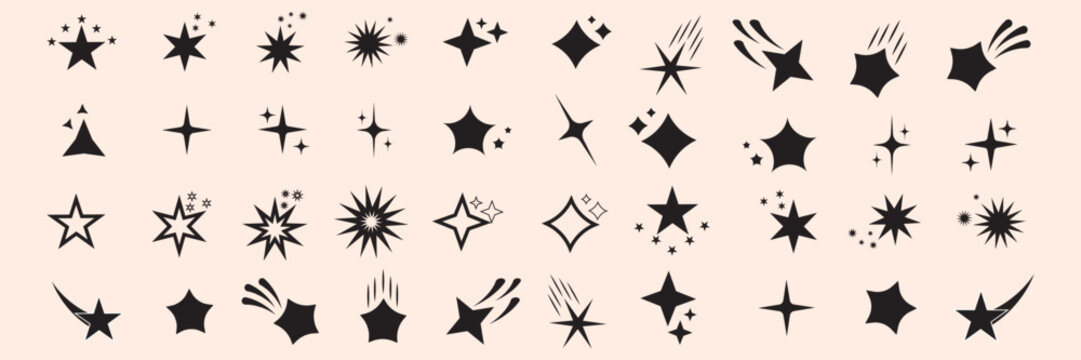 Retro futuristic sparkle icons collection. Set of star shapes. Abstract cool shine effect sign vector design.