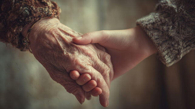 Generational support featuring old wrinkled hand holding young smooth hand