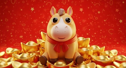 Cute cartoon horse with gold ingots on red background