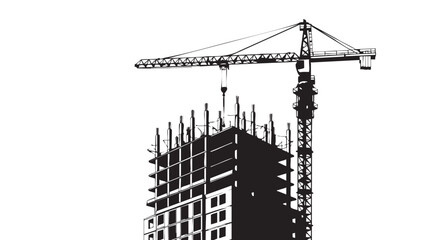 A monochrome illustration shows a construction crane working on a building, depicting urban development and engineering against a white backdrop.