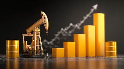 Oil pump jack with barrels and rising bar chart on a transparent background