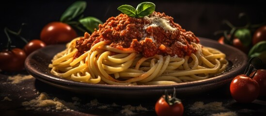 high quality, detailed, realistic, vibrant, sharp, dramatic lighting, rustic, pasta with tomato sauce, grated parmesan, basil leaves, tomatoes, wooden table, food photography
