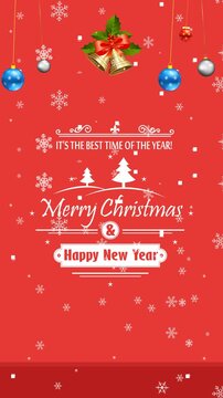 4k animated motion on potrait layout of festive red christmas background with hanging ornaments, snowflakes, bells, and elegant typography wishing Merry Christmas and Happy New Year.