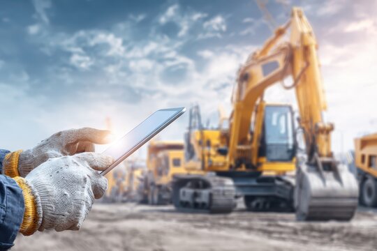 Foreman uses Digital Tablet, project management at the site. Overseeing the work. Worker review plans against a heavy machinery equipment backdrop. Automated logistics online. Control loading of cargo
