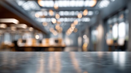 Empty modern conference room or office interior with a sleek, reflective dark tabletop foreground, offering a concept of clean workspace, display surface, or product presentation