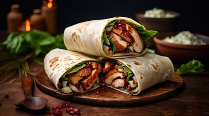 turkey wrap, burrito, tortilla, lettuce, tomato, onion, herbs, spices, wood table, rustic, cozy, delicious, appetizing, food photography
