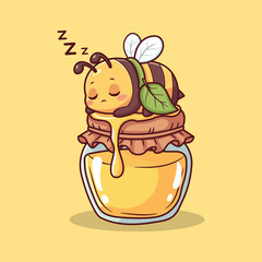 Cute Sleeping Bee Resting on Honey Jar with Dripping Honey – Whimsical Vector Illustration for Nature and Sweet Themes