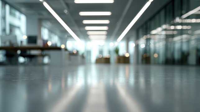 Empty contemporary open plan office interior with blurred background showing desks, chairs, and bright modern lighting, reflecting a corporate business environment or workspace readiness
