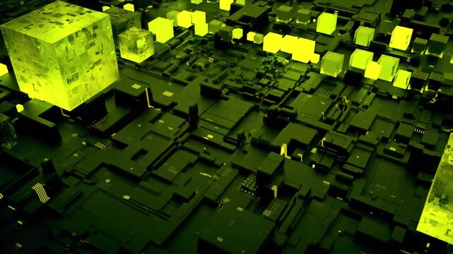 Enter the neon grid a futuristic space station interior with vibrant glowing details and floating cubes for a dynamic tech background