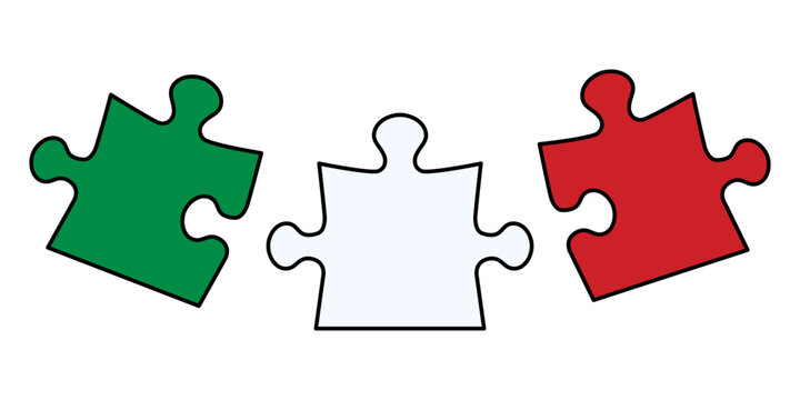 Individual puzzle pieces in the colors of the Italian flag, symbolizing help, friendship, support, and unity. Perfect for projects dedicated to Italian culture and integration. PNG and vector