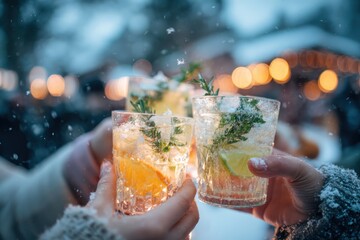 Friends drinking sparkling cocktails. People clinking glasses with drinks outdoors. Close up of hands cheers, making toasts and touch with wineglasses at garden party. Cold cozy Evening. Enjoy Life
