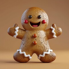 Cute plump gingerbread man cartoon character standing with open arms, happy festive holiday cookie illustration