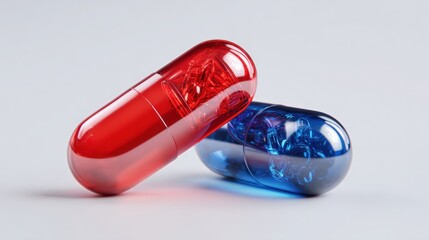 Two capsules with red and blue colors on transparent background
