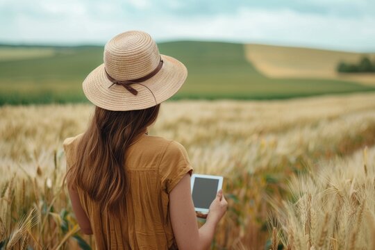 Woman agronomist with crossed hands standing on field background. An agronomist girl in a slap in the field. Fertilizers. Agriculture concept