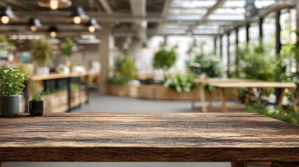 Rustic wooden table with small potted plants and empty tabletop in a cozy cafe interior, warm natural light and blurred industrial botanical background for product display