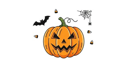 Halloween graphic A grinning pumpkin with bat spider web candies on a white background