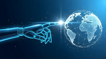 Robotic hand touching a digital globe, symbolizing global connectivity, artificial intelligence, and technological advancement, representing the future of communication