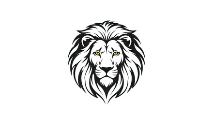 Lion head with a bold mane drawn in black and white with yellow eyes