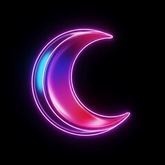 Vibrant Neon Crescent Moon Glowing in Darkness.