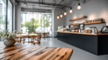 Naklejka premium Empty modern cafe interior with a rustic wooden table featuring white flowers, providing a warm and inviting atmosphere for relaxation or a peaceful coffee break