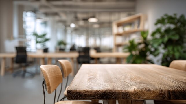 Modern wooden conference table and chairs in a bright, minimalist open plan office, blurred background emphasizing collaborative, professional meeting space for teams and events