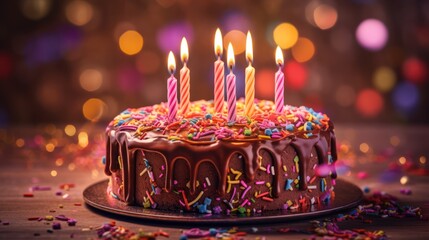 a birthday cake with lit candles, delicious chocolate frosting, festive sprinkles, bokeh background, warm lighting, celebratory atmosphere

