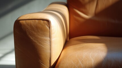 Tan leather sofa armrest detail with natural light creating graphic shadows, highlighting the texture and warmth of the elegant modern home interior furniture