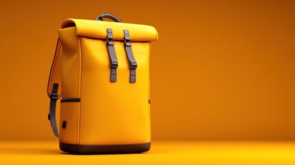 Yellow backpack with clasps on a transparent background with copy space