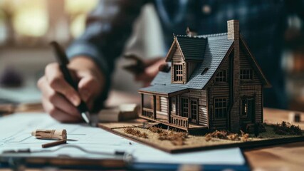 A person is meticulously working on a detailed miniature house model using various materials. The setting appears to be a workshop with drafting tools and blueprints. - Powered by Adobe