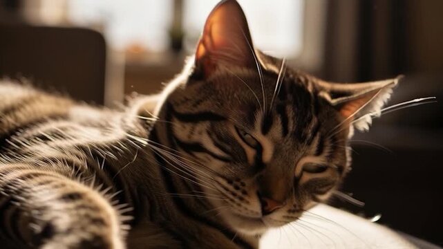 Close-up of a tabby cat sleeping peacefully in warm sunlight.