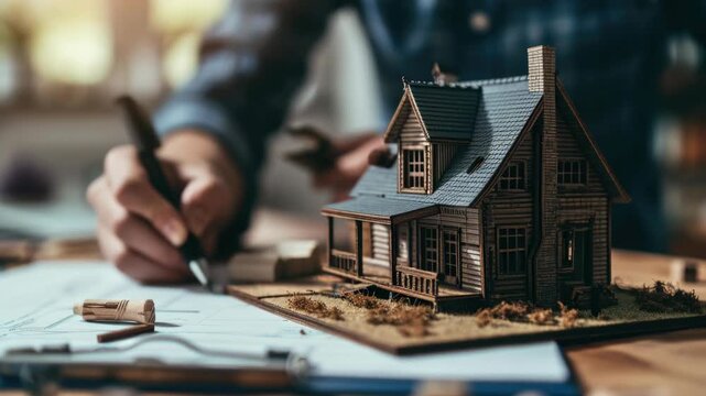 A person is meticulously working on a detailed miniature house model using various materials. The setting appears to be a workshop with drafting tools and blueprints.