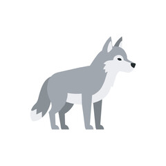 Minimal flat vector illustration of a grey wolf standing in side profile, modern cartoon design with simple geometric shapes isolated, symbol of wild nature and strength