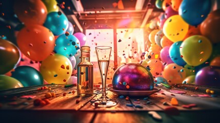 colorful, vibrant, balloons, party atmosphere, celebration, champagne glasses, balloons, streamers, festive, joyful, magical, whimsical, bokeh lights, warm lighting, indoors
