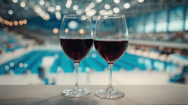 Two glasses of red wine sit on a ledge with a blurred swimming pool in the background during a lively evening gathering at the sports complex