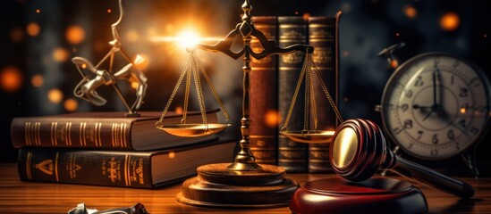old books, wooden table, gavel, clock, magnifying glass, vintage lighting, warm tones, dramatic lighting, detailed, photorealistic