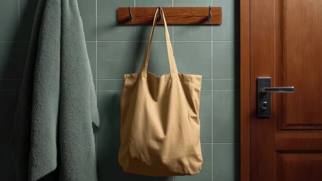 A beige tote bag and a green towel hang from a wooden hook rack on a tiled wall next to a wooden door
