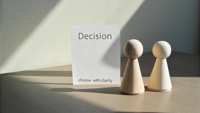 Wooden figurines beside decision card on table with soft light showcasing clarity and choice in personal or business context