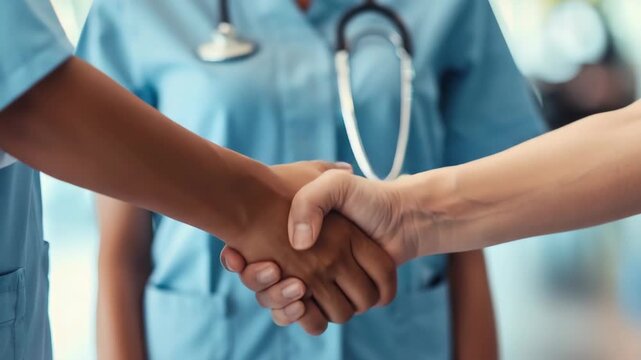 Two nurses in uniforms shaking hands in a hospital setting with blurred background.
