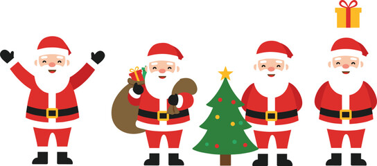 Cartoon Santa Claus characters with decorated Christmas tree and gift box, festive holiday illustration, cheerful seasonal artwork, winter celebration design