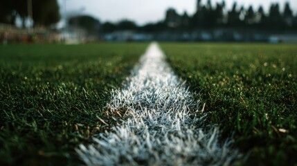 White line marks the boundary of a well-maintained soccer field in the early morning light with a hint of dew on the grass