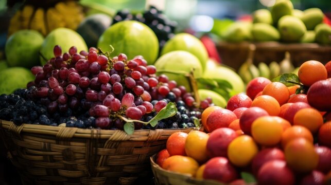a still life photograph of fresh ripe fruits, including red grapes, apples, pears, peaches, plums, and other colorful produce arranged in woven baskets on a rustic wooden table, vibrant natural lighti - Powered by Adobe