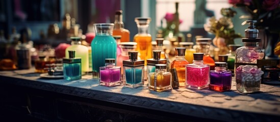 a group of various glass bottles and jars filled with colorful liquid, placed on a wooden table against a blurred background, highly detailed, hyper-realistic, award-winning photograph
