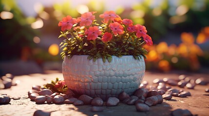 multicolored begonia flowers in white ceramic planter, ornamental stones, warm sunset lighting, vibrant, detailed, cinematic, shallow depth of field, serene atmosphere
