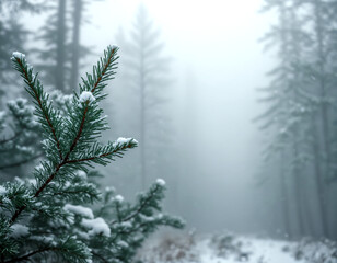 Snow-covered evergreen branch in a foggy, mysterious winter forest. Moody and serene nature background for holidays or cold weather concepts.