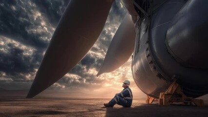 A maintenance worker wearing a helmet and safety vest sits on the tarmac beside a massive airplane propeller at sunset. - Powered by Adobe