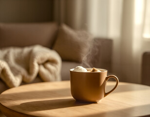Steaming mug of hot cocoa with a marshmallow on a wooden table in warm, cozy sunlight. Perfect for relaxation, hygge, and autumn/winter themes.