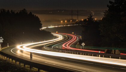 Fototapeta premium Night highway with light trails from passing vehicles.
