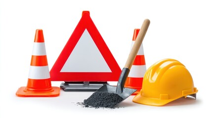 Construction zone elements warning sign safety cones hard hat and shovel