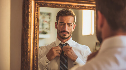 Man perfecting tie knot in mirror, getting ready for important business day